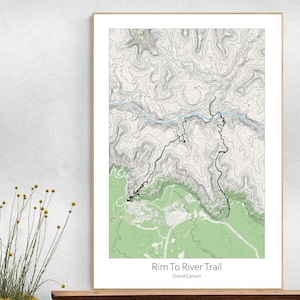 Poster topografische kaart Rim to River Trail, wandelen Grand Canyon Trail Arizona