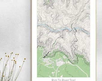 Rim to River Trail Topographic Map Poster, Arizona Grand Canyon Trail Hiking