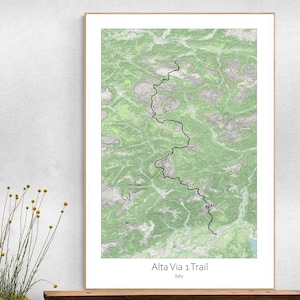 Alta Via 1 Dolomites Map Poster, Italy South Tyrol Trail Hiking.