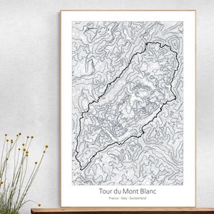 Affiche de carte topographique du sentier du Tour du Mont Blanc, randonnée sur sentier du TMB.