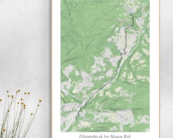 Poster de carte de randonnée de Poon Hill : oeuvre d'art sur un sentier de randonnée au Népal