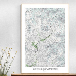 Póster del mapa topográfico de la caminata al Campo Base del Everest, senderismo en el Parque Nacional de Sagarmatha, provincia 1 de Nepal, póster imprimible con mapa topográfico.