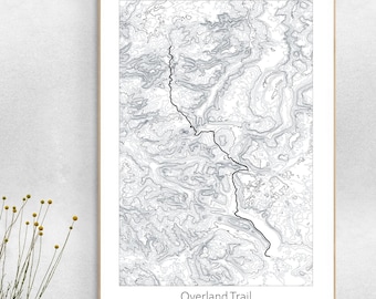 Affiche de carte topographique d'Overland Trail, randonnée en Tasmanie.