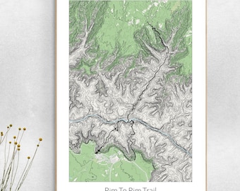 Affiche de la carte du sentier Rim-to-Rim du Grand Canyon : art topographique de l'Arizona