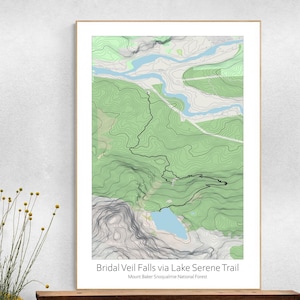 Poster con mappa topografica di Bridal Veil Falls e Lunch Rock tramite il Lake Serene Trail, Mount Baker Snoqualmie National Forest, Washington Wilderness