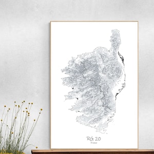 Affiche de carte topographique GR20, randonnée dans le parc naturel régional de Corse, oeuvre d'art de carte de France Haute-Corse, affiche de carte topographique, cadeau pour randonneurs