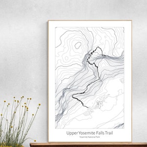 Carte topographique du sentier des chutes Upper Yosemite, randonnée sur sentier du parc national de Yosemite en Californie