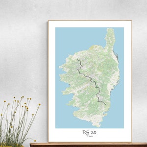 Cartaz de mapa topográfico GR20, trilha para caminhadas no Parque Natural Regional da Córsega, arte de mapa da França Haute-Corse, cartaz de mapa topográfico, presente para caminhantes