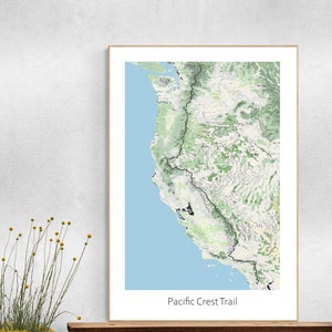Topografische kaart Pacific Crest Trail, PCT Trail-wandelen, kaartkunst Californië, poster topografische kaart, aangepast cadeau voor wandelaars
