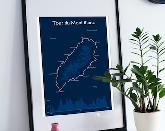 Tour du Mont Blanc-routekaartposter, TMB-wandelroute.