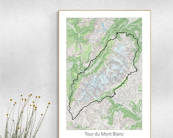 Tour Du Mont Blanc Trail Topographic Map Poster, TMB Trail Hiking.
