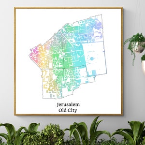 Jerusalem Altstadt Bunte Karte Poster, Jüdische Friedenskarte Kunst Poster, Jerusalem Moderne Karte Kunst, Gedrucktes Poster Einzigartiges Geschenk