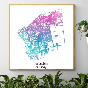 Jerusalem Altstadt Bunte Karte Poster, Jüdische Friedenskarte Kunst Poster, Jerusalem Moderne Karte Kunst, Gedrucktes Poster Einzigartiges Geschenk