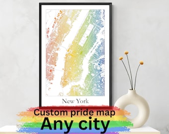 Custom Pride LGBTQ Map art Poster,  Rainbow Map Art Poster, Any City Pride Modern Map Art, Printed Poster Unique Gift