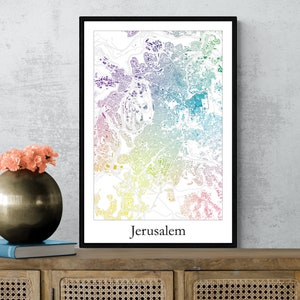 Jerusalem Stadt Bunte Karte Poster, Jüdische Friedenskarte Kunst Poster.