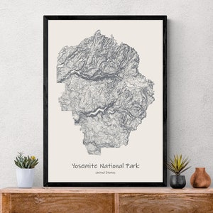 Cartaz do mapa topográfico do Parque Nacional de Yosemite, caminhada nos Estados Unidos e Califórnia, mapa topográfico, presente exclusivo para caminhantes