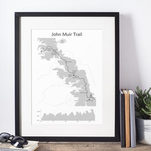 John Muir Trail Map Poster, Yosemite to Mount Whitney, Hiking Route with Elevation Profile, Backpacking Wall Art Gift