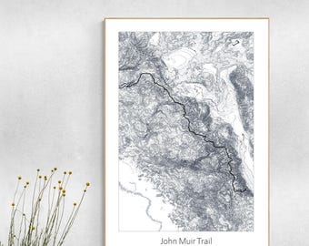 Affiche de carte topographique du sentier John Muir, randonnée sur le sentier des crêtes du Pacifique, parc national de Yosemite.