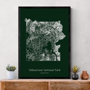 Affiche de carte topographique du parc national de Yellowstone, randonnée aux États-Unis dans le Wyoming, carte topographique cadeau unique pour randonneurs