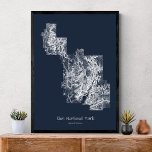 Affiche de carte topographique du parc national de Zion, randonnée dans l'Utah aux États-Unis, carte topographique cadeau unique pour randonneurs