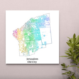 Jerusalem alte Stadt bunte Karte Leinwand, jüdische Friedenskarte Kunst Leinwand, Jerusalem moderne Karte Kunst, gedruckte Leinwand einzigartiges Geschenk
