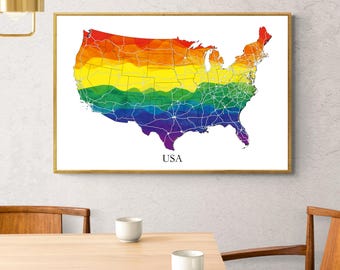 Impression d'art de carte des Etats-Unis de fierté d'arc-en-ciel, décoration d'intérieur de LGBTQ