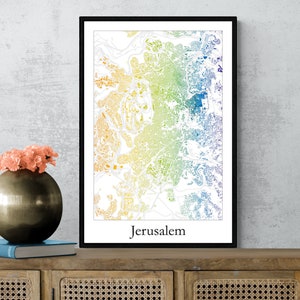Jerusalem Stadt bunte Karte Poster, jüdische Friedenskarte Kunstplakat, Jerusalem moderne Karte Kunst, gedrucktes Plakat Einzigartiges Geschenk