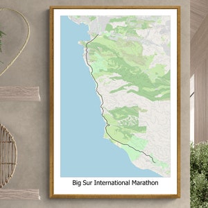 Affiche de carte topographique du marathon international de Big Sur, Pfeiffer Big Sur et pont de Bixby Creek, marathon de Californie, affiche topographique
