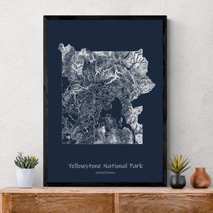 Affiche de carte topographique du parc national de Yellowstone, randonnée aux États-Unis dans le Wyoming, carte topographique cadeau unique pour randonneurs