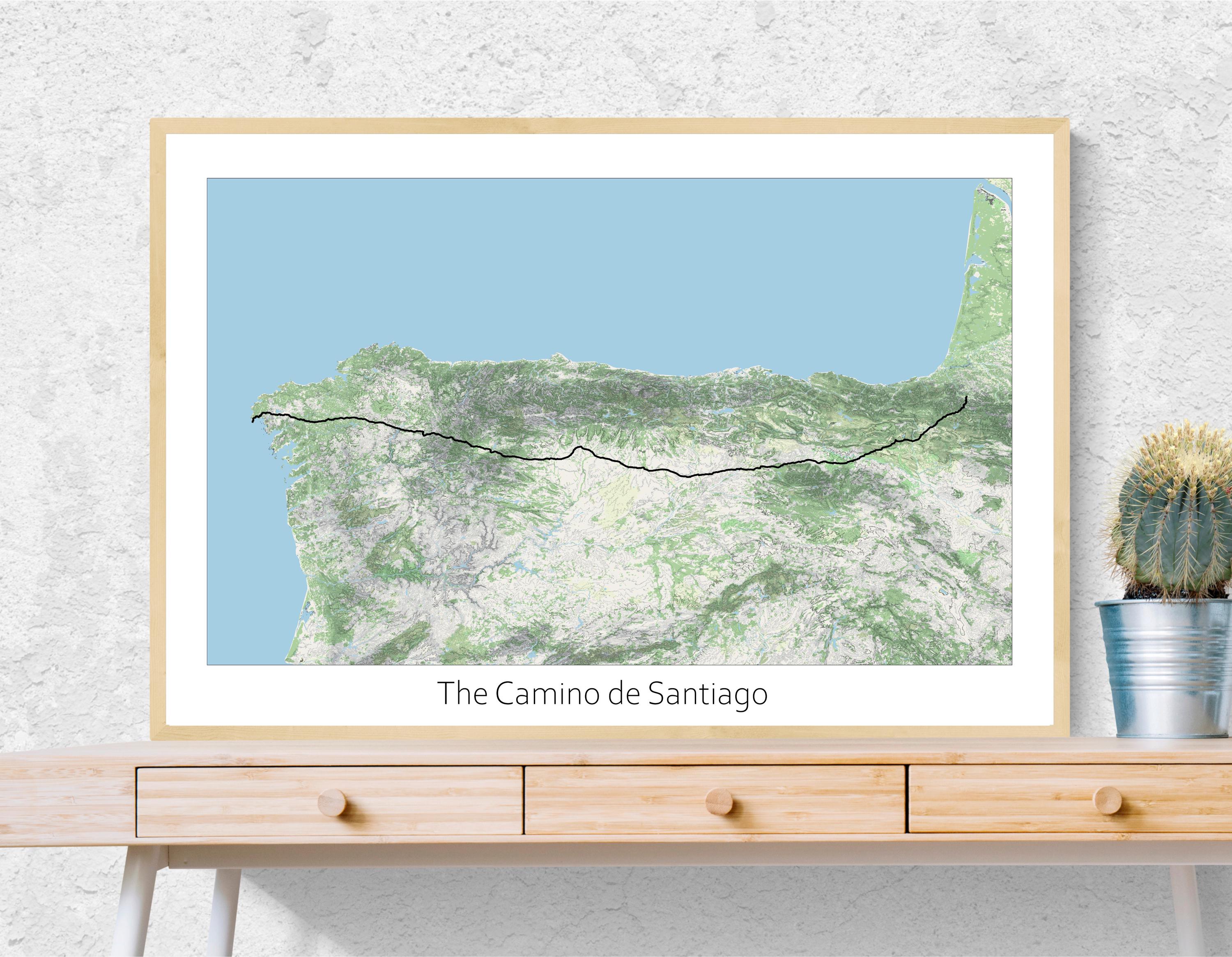 The Camino de Santiago Trail Map Poster, Way of the Franks - Way of Santiago de Compostela Hiking, France Spain Map Art, Gift for hikers