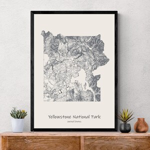 Affiche de carte topographique du parc national de Yellowstone, randonnée aux États-Unis dans le Wyoming, carte topographique cadeau unique pour randonneurs