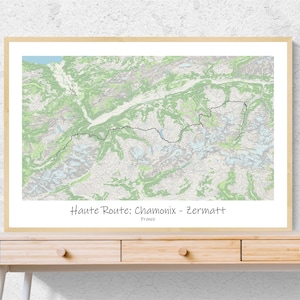 Haute Route : affiche de carte topographique Chamonix-Zermat, affiche de carte topographique de Haute-Savoie, Chamonix-Mont-Blanc, France