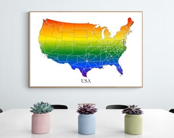 Affiche d'art de carte des États-Unis de la fierté arc-en-ciel, décoration d'intérieur LGBTQ
