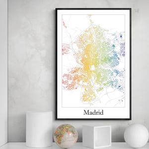 Affiche d'art de carte LGBTQ de Madrid, affiche d'art de carte arc-en-ciel, art de carte moderne de la fierté de Madrid, affiche imprimée cadeau unique