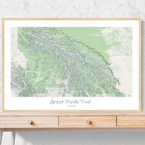 Affiche de carte topographique Great Divide Trail, randonnée en Alberta et en Colombie-Britannique, affiche de carte contemporaine, cadeau pour les randonneurs