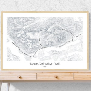 Afiche Mapa Topográfico Circuito “W” Torres del Paine, Parque Nacional Torres del Paine, Magallanes Chile, Afiche Mapa Topográfico Contemporáneo