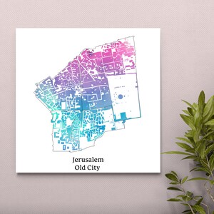 Jerusalem Altstadt Bunte Karte Leinwand, Jüdische Friedenskarte Kunst Leinwand, Jerusalem Moderne Karte Kunst, Gedruckte Leinwand Einzigartiges Geschenk