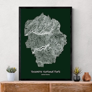 Cartaz do mapa topográfico do Parque Nacional de Yosemite, caminhada nos Estados Unidos e Califórnia, mapa topográfico, presente exclusivo para caminhantes