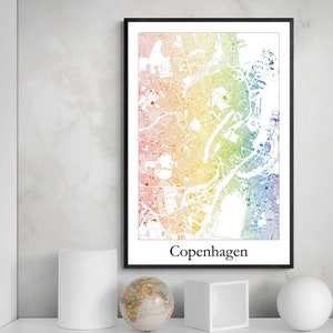 Affiche d'art de carte LGBTQ de Copenhague, affiche d'art de carte arc-en-ciel, art de carte moderne de fierté de Copenhague, Danemark, affiche imprimée cadeau unique