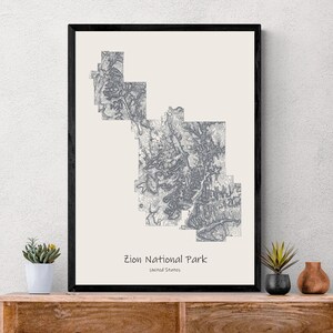 Affiche de carte topographique du parc national de Zion, randonnée dans l'Utah aux États-Unis, carte topographique cadeau unique pour randonneurs