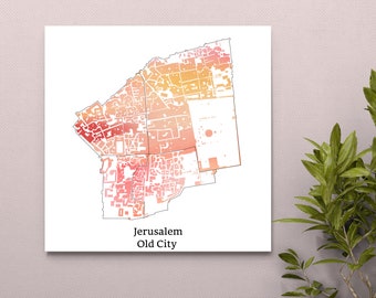 Jerusalem Old City Colorful Map Canvas, Jewish Peace Map Art Canvas, Jerusalem Modern Map Art, Printed Canvas Unique Gift