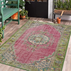 Turkish Pink/Green Area Rug, Ethnic Style Home Decor, Multi Size, Bedroom and living room Rug, Girl Room Carpet, Washable Area Rug