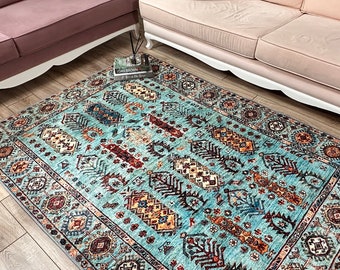Blue Ethnic Pattern Rug, Farmhouse Carpet, Long Entree Runner, Kitchen Rug Runner, For living room, Turkish Style Rug, Stairs Carpet
