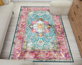 Alfombra morada, rosa y azul, alfombra turca, alfombra para sala de estar, comedor y dormitorio, pasillo, decoración de oficina, regalo de inauguración.