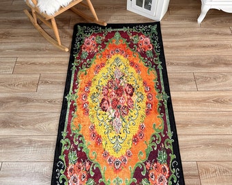 Corredor de estilo vintage, alfombra con patrón Karabagh, alfombras para sala de estar, alfombra amarilla, corredor de alfombra Kilim estilo Besarabia, alfombra floral, corredor de pasillo