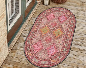 Tapis ovale rose, tapis rond à motif animalier, cuisine, tapis de ferme. Tapis turc pour le salon, tapis surteint, tapis de style ethnique, tapis Oushak