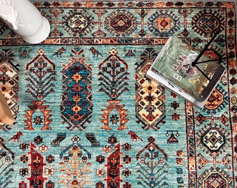 Turquoise Rug, Machine Washable Area Rug, Entree Runner, Non-Slip Dining Room Mat, For living room, Oriental Printed Indoor, Blue Rug
