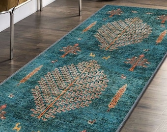 Corredor de estilo vintage azul, alfombra turca con figura de árbol del corredor del corredor, corredor largo, alfombra de área azul artesanal, alfombras para sala de estar, tamaño múltiple