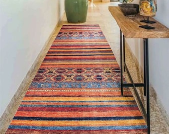 Ethnic Area Runner (White Edge), Colorful Long Carpet for Hallway, Multi Size, Tribal Runner, Kitchen Carpet, Rug for Livingroom and Bedroom