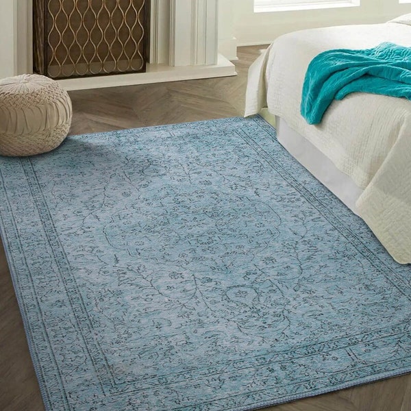 Light Blue Turkish Rug, Vintage Style Rug, Large Bedroom Rug, Cotton Rug, Boho Kilim, Anti-Slip Living Room Floor Mat, Stairs Carpet